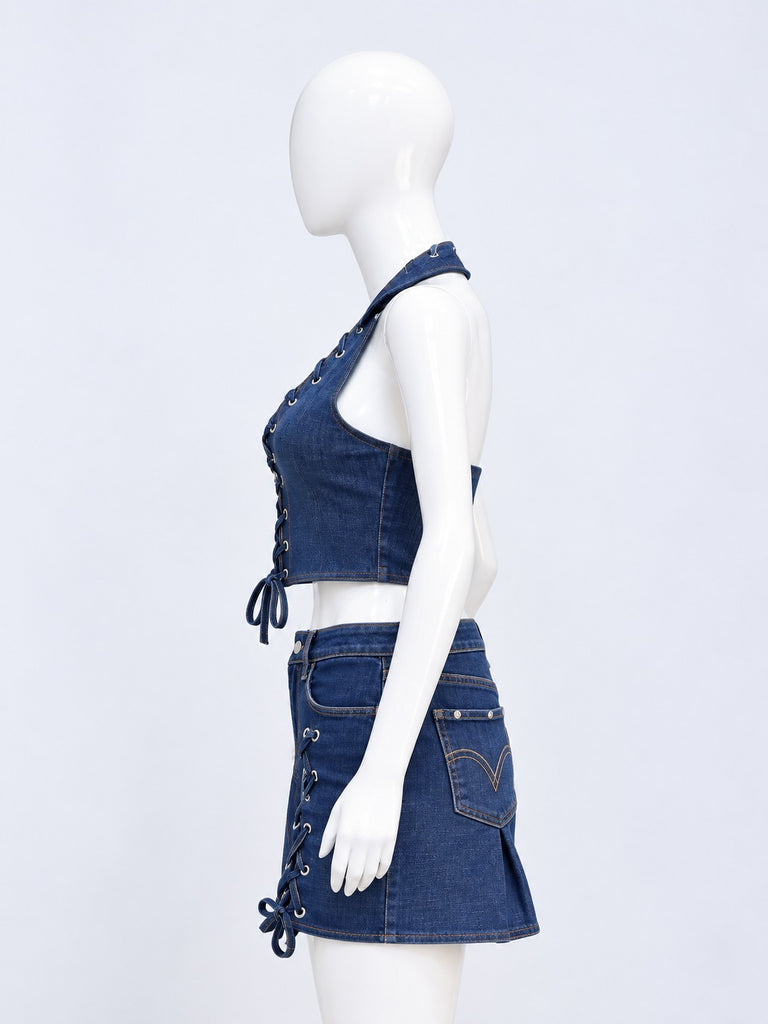 CR2278 UPCYCLED LACE-UP DENIM CO-ORD SET