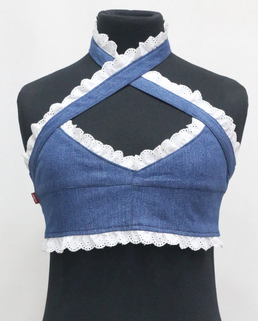 CR1532 Upcycled Denim Lace Halter Top