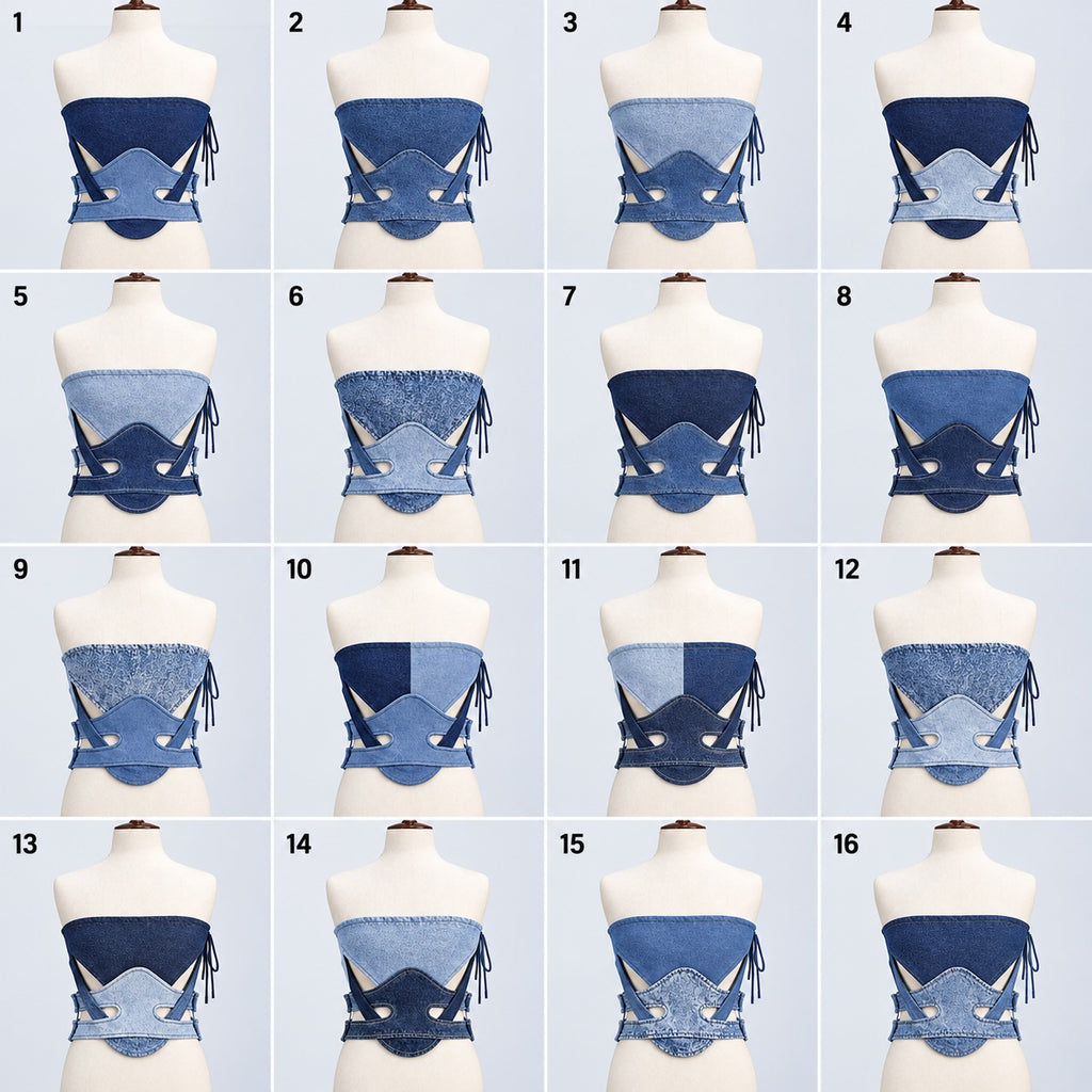 CR2287 UPCYCLED TWO-TONE DENIM WRAP CORSET TOP