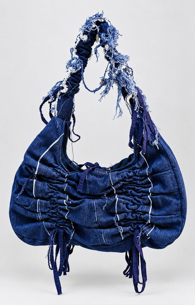 CR2263 UPCYCLED RUCHED DENIM HOBO BAG