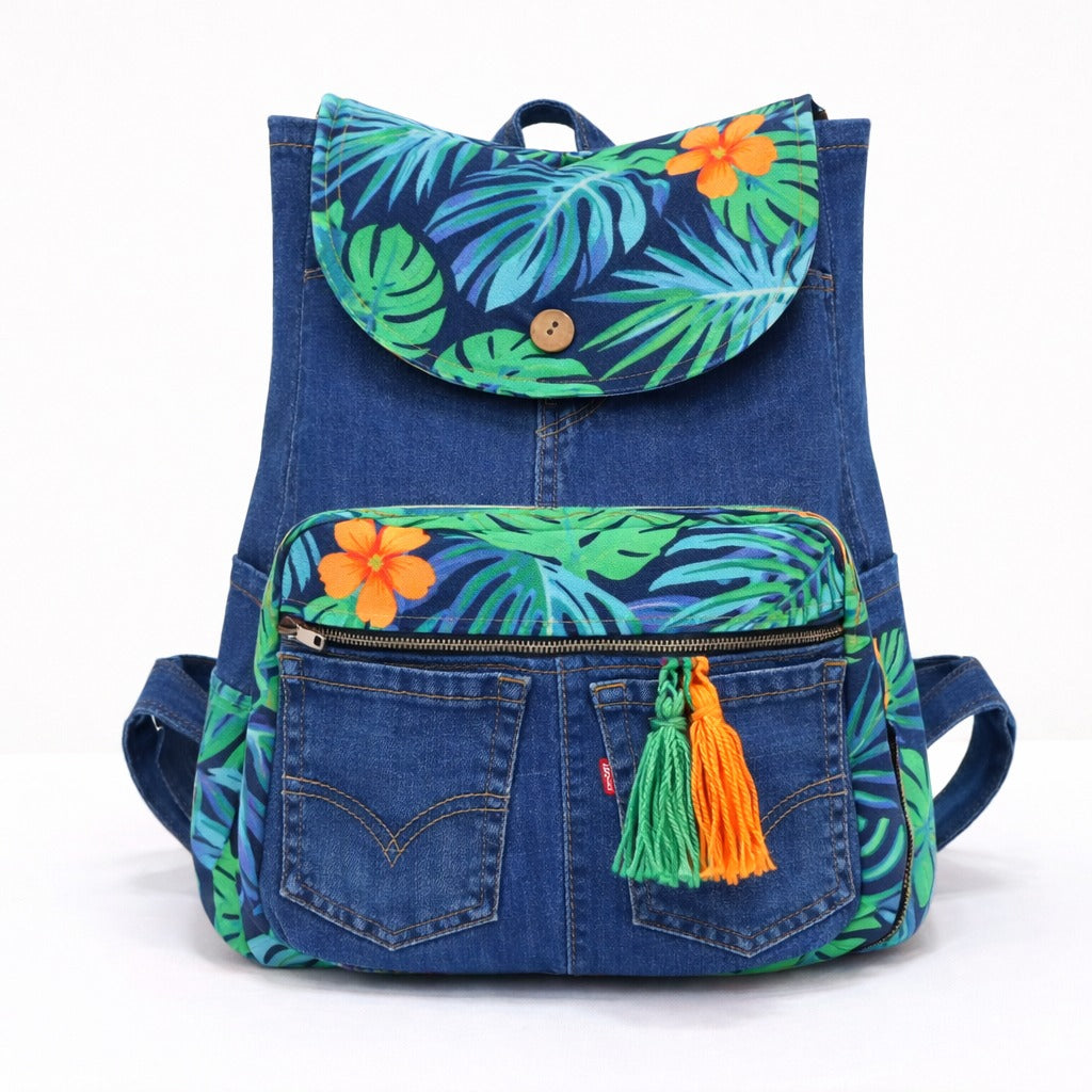 CR1395 Upcycled Denim & Printed Patchwork Backpack