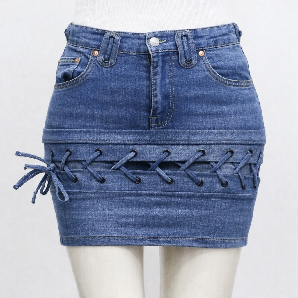 Lace-Up Rework Denim Mini Skirt