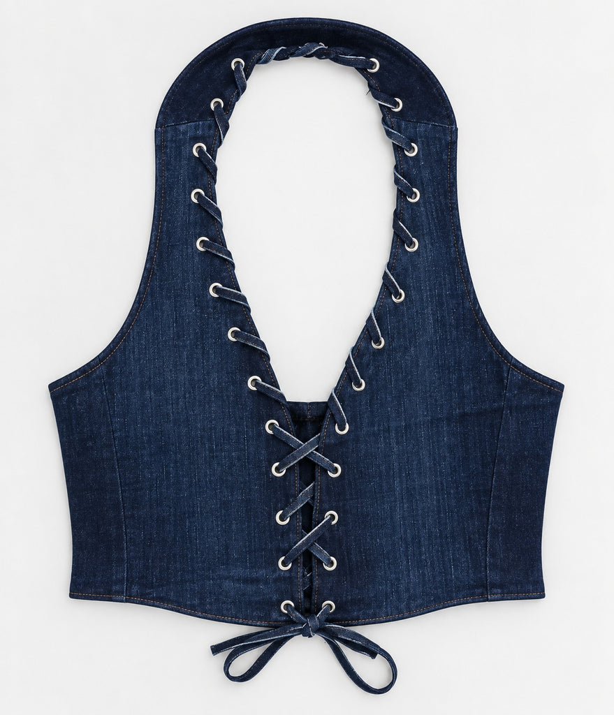 CR2276 UPCYCLED LACE-UP DENIM HALTER CORSET TOP