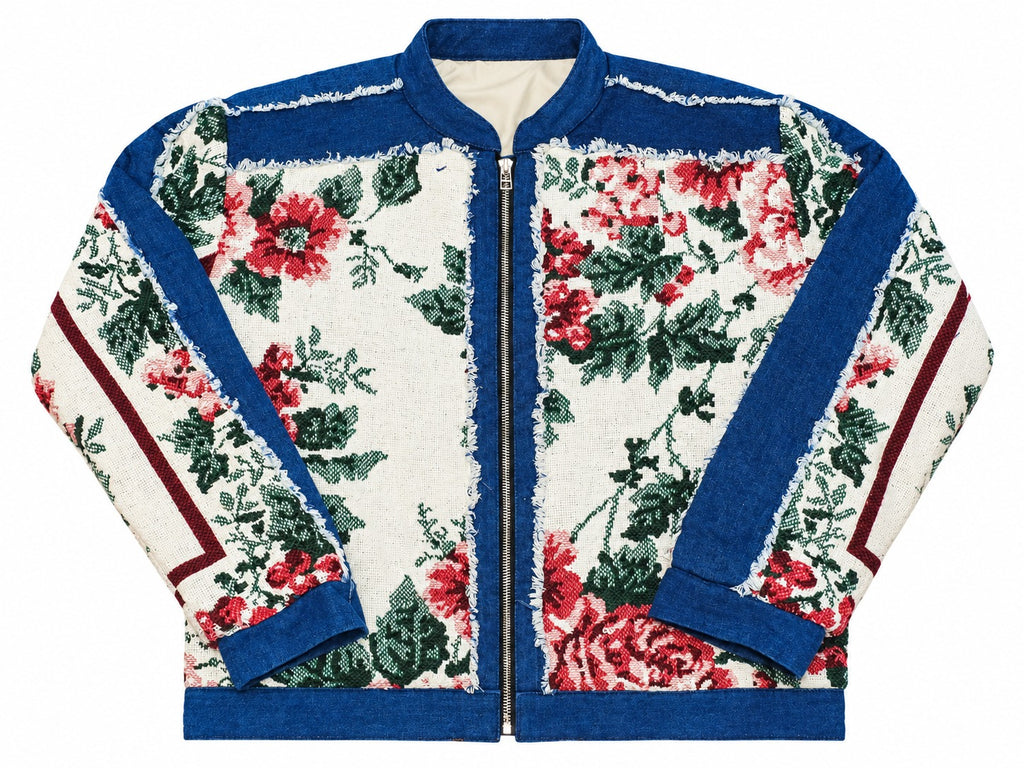CR2303 UPCYCLED DENIM & FLORAL TAPESTRY ZIP JACKET