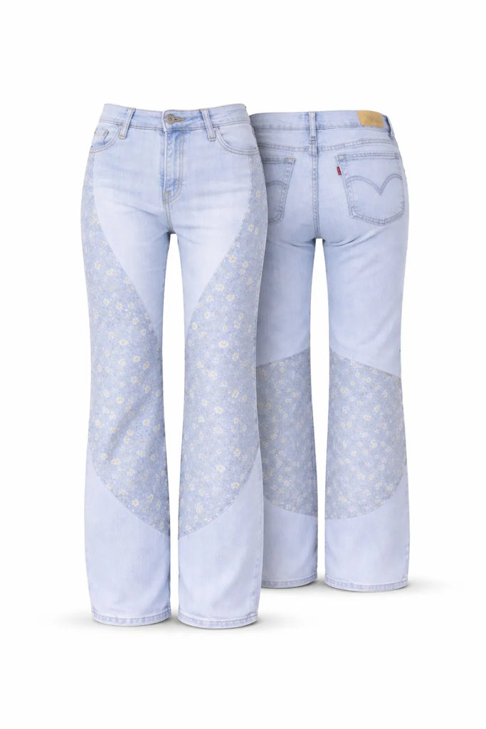CR1434 Rework Patch Panel Flare Jeans – Mixed Fabric Denim (Y2K Vintage Style)