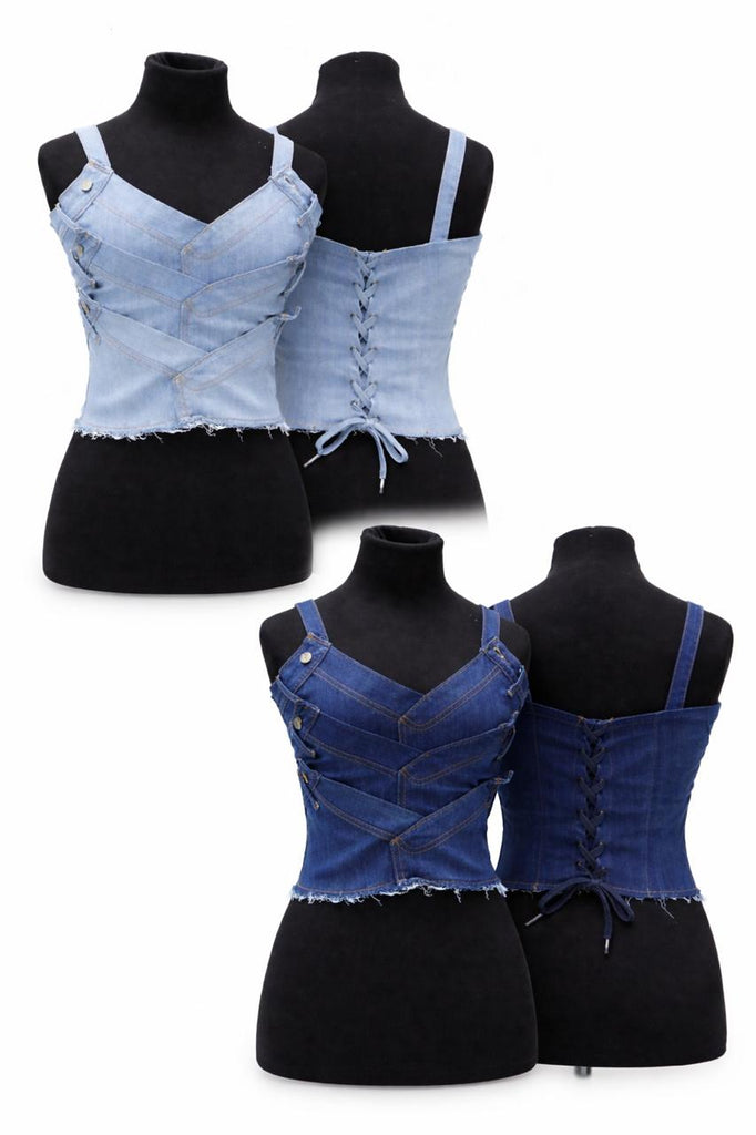 CR1398 V-Line Rework Denim Corset Top