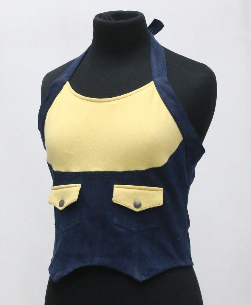 CR1354 Rework Halter Denim Corset Top – Two Tone Utility Crop