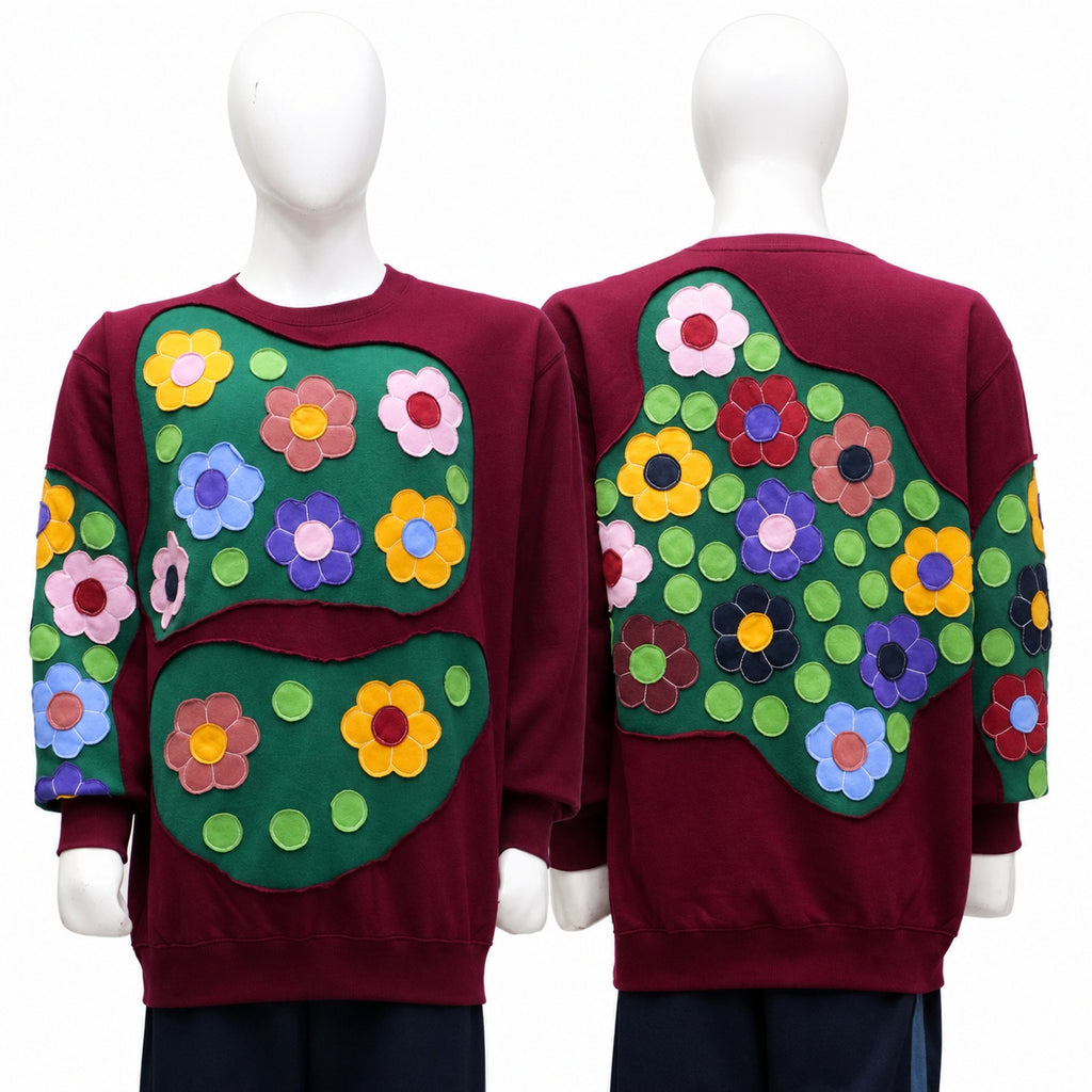 CR1979 UPCYCLED GARDEN PATCHWORK APPLIQUÉ SWEATSHIRT