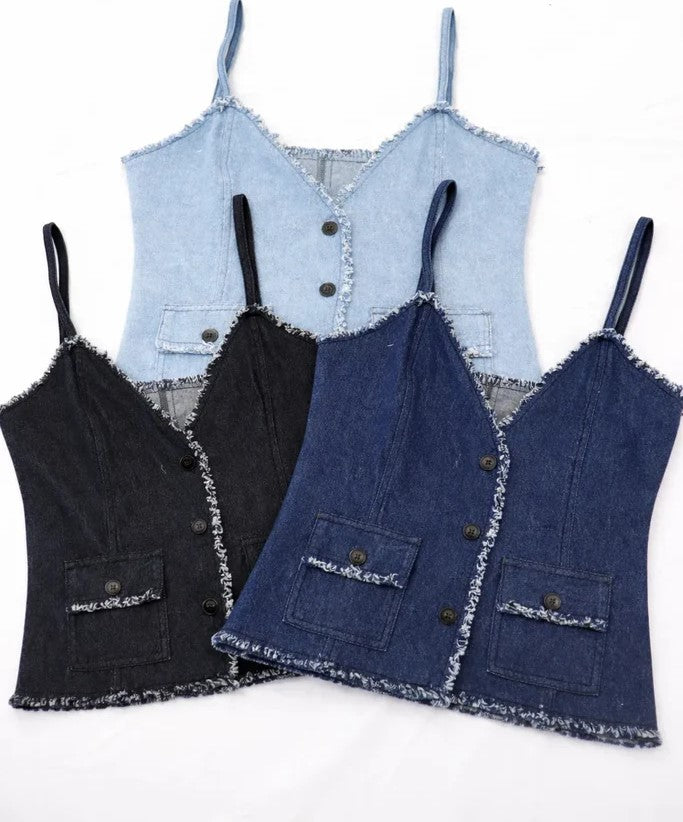 CR1118 Rework Denim Cami Top – Frayed Edge Button Crop