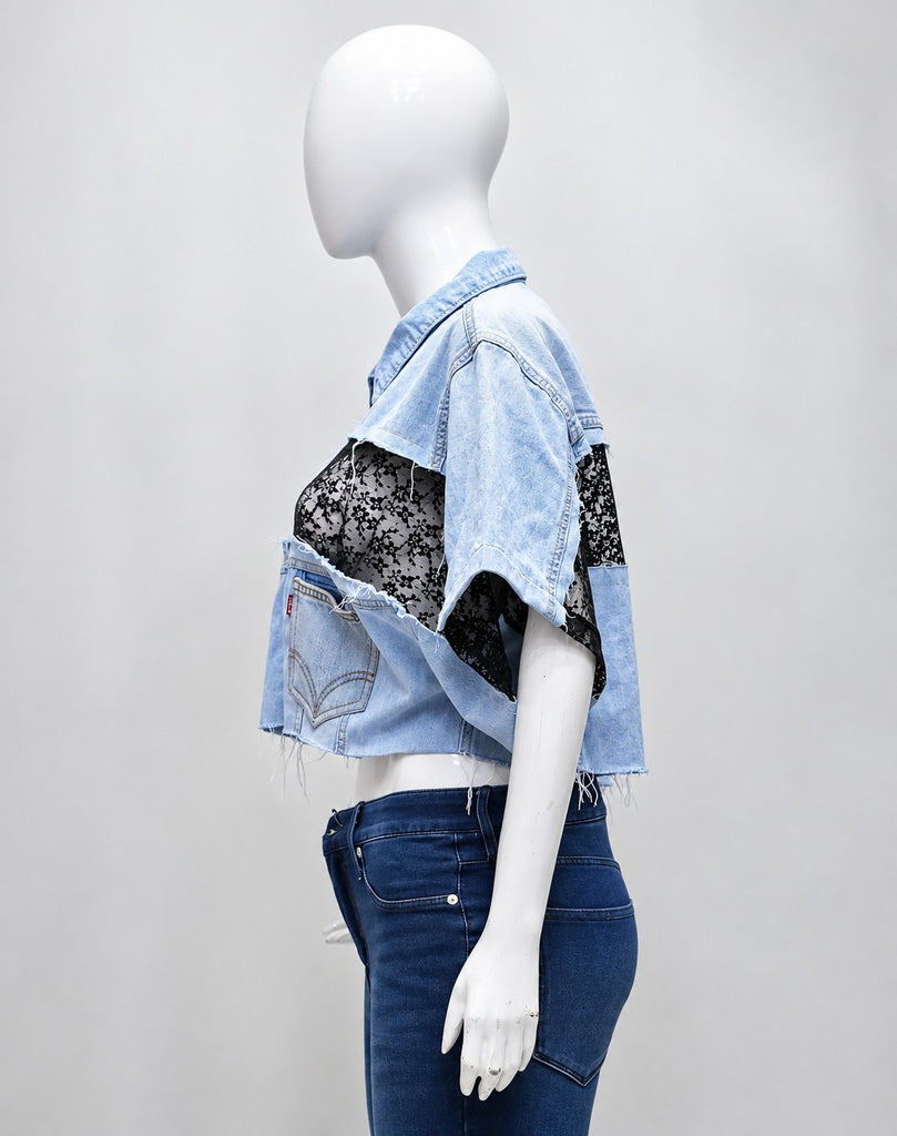 CR2215 UPCYCLED DENIM & LACE DECONSTRUCTED CROP TOP