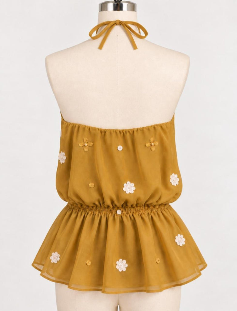 CR2306 UPCYCLED EMBELLISHED HALTER PEPLUM TOP