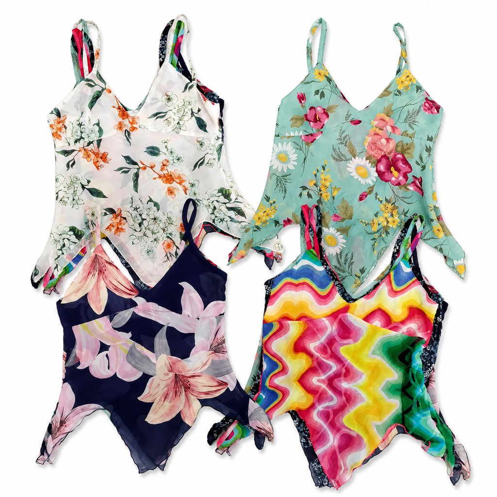 CR121 Upcycled printed chiffon cami tops in mixed floral and colorful prints
