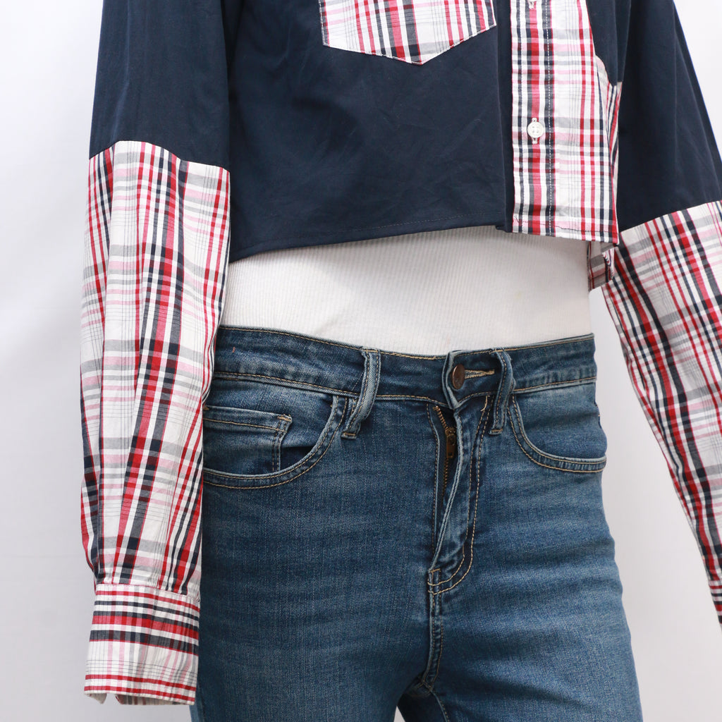 CR1037 Reworked Shirt Cropped With Check Print Patchs