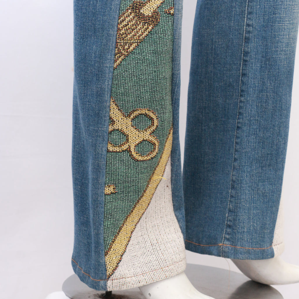 CR7070 Reworked Bell Bottom Flare Denim Jeans with Patchwork