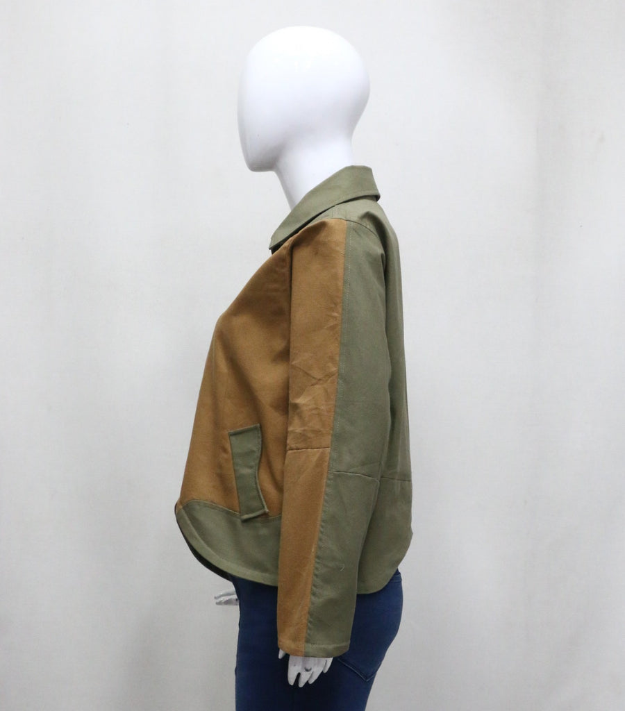 CR-1430 Rework Two-Tone Utility Jacket – Olive & Tan Panel Cropped Style
