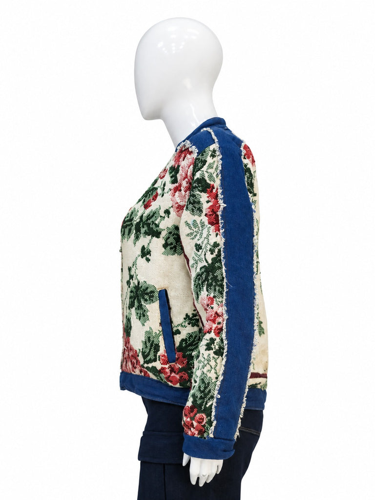 CR2303 UPCYCLED DENIM & FLORAL TAPESTRY ZIP JACKET