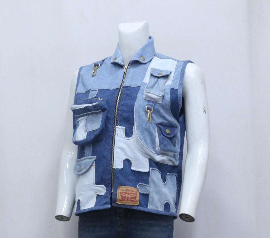 CR-1177 Upcycled Levi's Patchwork Denim Utility Vest – Multi Pocket Rework (Puzzle Panel Design)