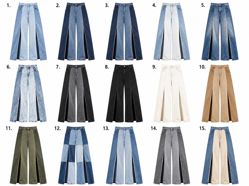 CR2202 UPCYCLED TWO-TONE DENIM PANEL WIDE-LEG JEANS