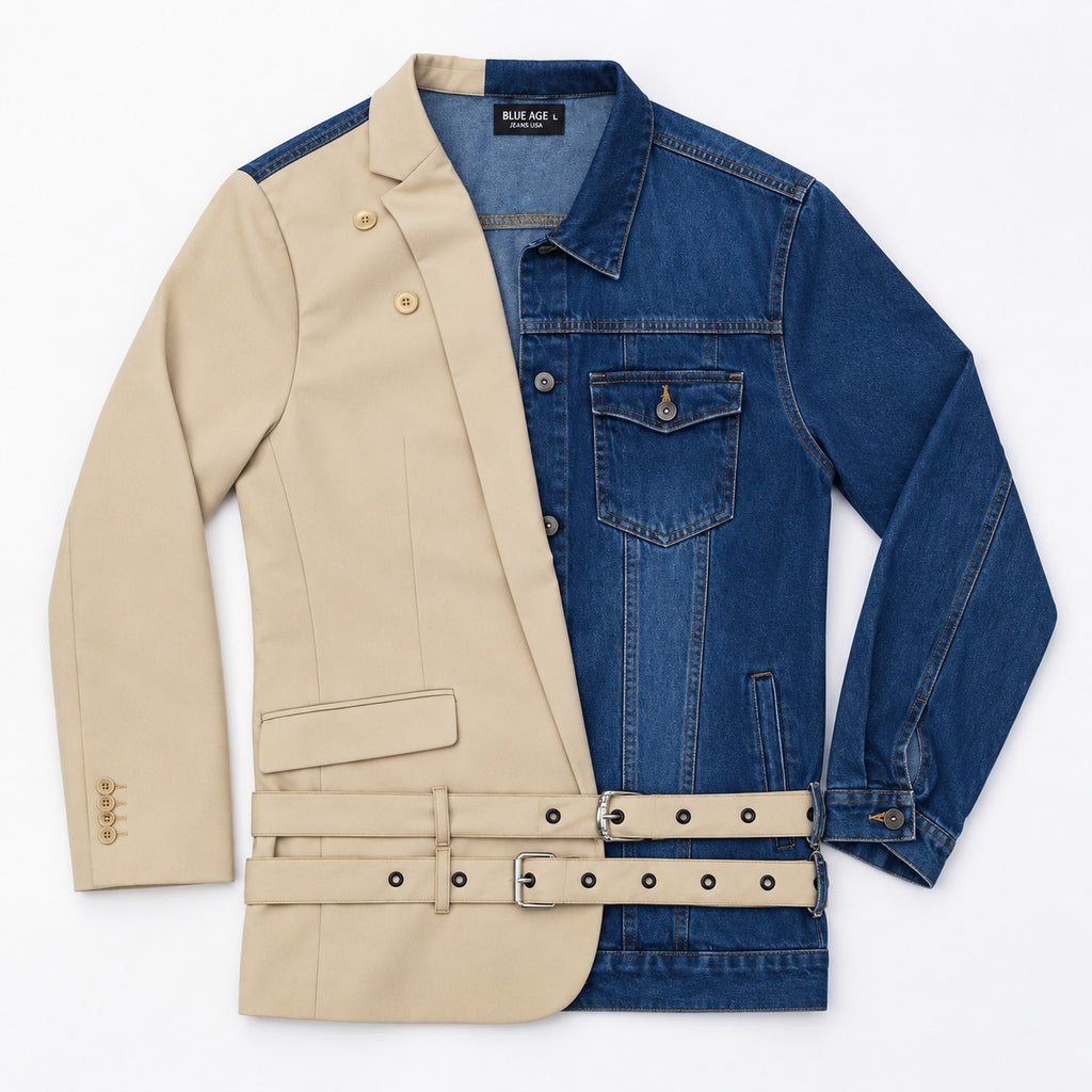 CR2269 UPCYCLED DENIM & SUITING HYBRID BELTED JACKET