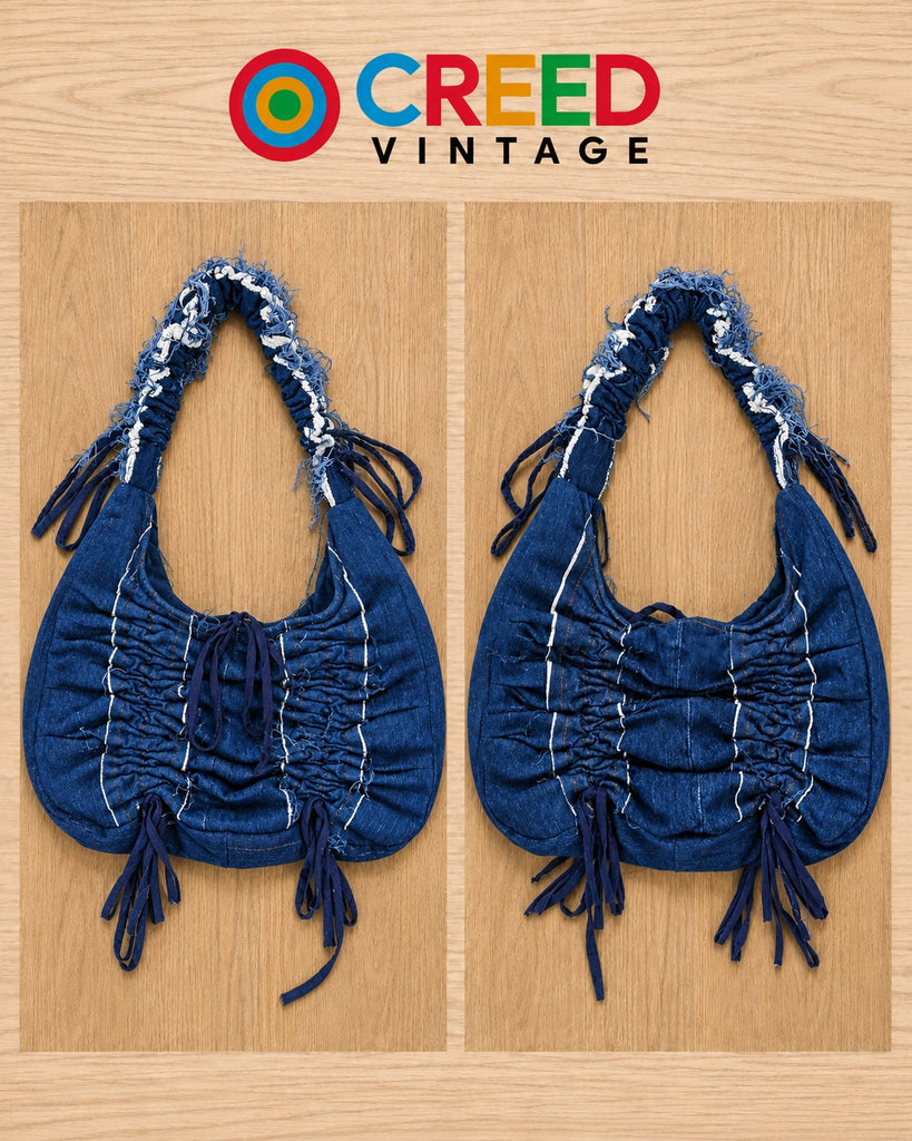 CR2263 UPCYCLED RUCHED DENIM HOBO BAG