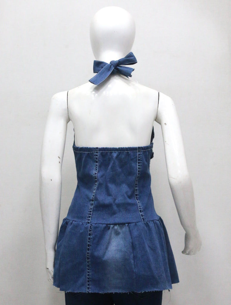CR2279 UPCYCLED DENIM HALTER BOW DRESS