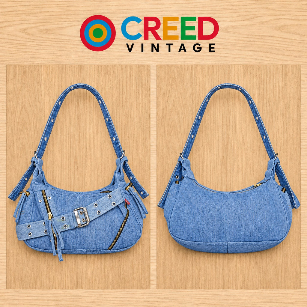 CR2305 UPCYCLED DENIM ZIP & BUCKLE SHOULDER BAG
