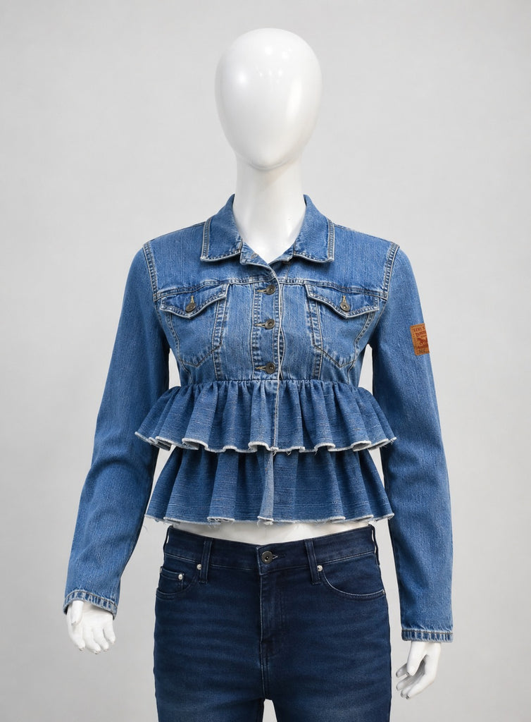 CR2226 UPCYCLED LEVI’S DOUBLE-RUFFLE PEPLUM DENIM JACKET