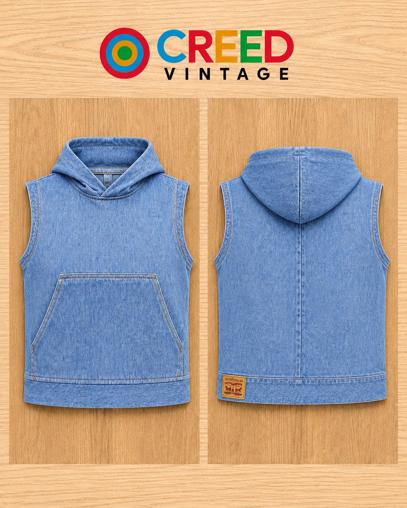 CR2245 UPCYCLED DENIM SLEEVELESS HOODIE VEST