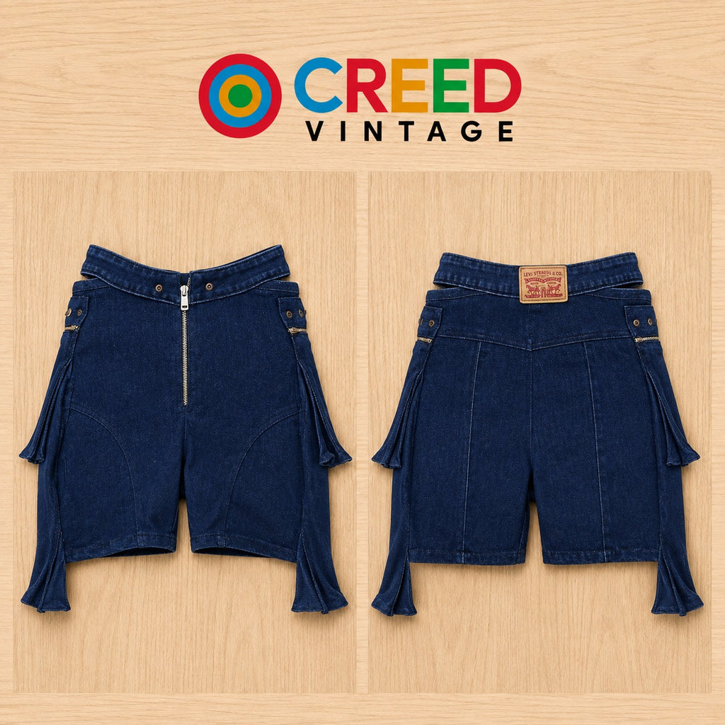 CR2195 UPCYCLED DENIM ZIP-FRONT TIE-SIDE MINI SHORTS