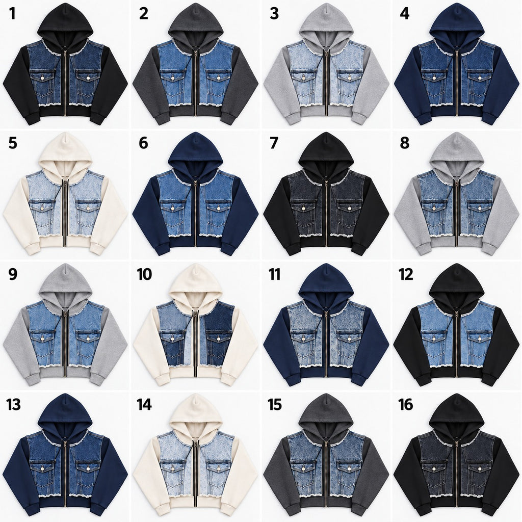 CR2286 UPCYCLED DENIM PANEL ZIP HOODIE