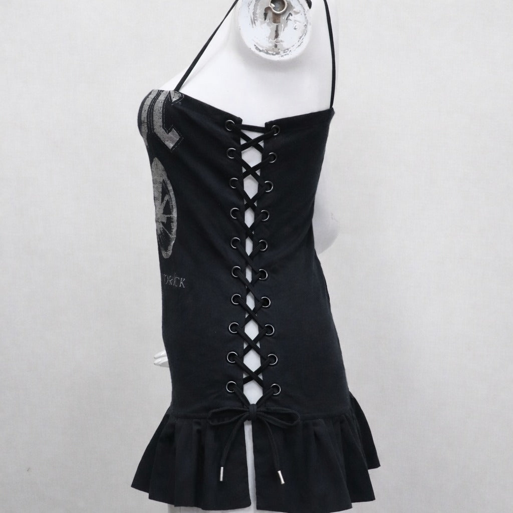 CR1408 Reworked Graphic Ruched Mini Dress with Ruffle Hem