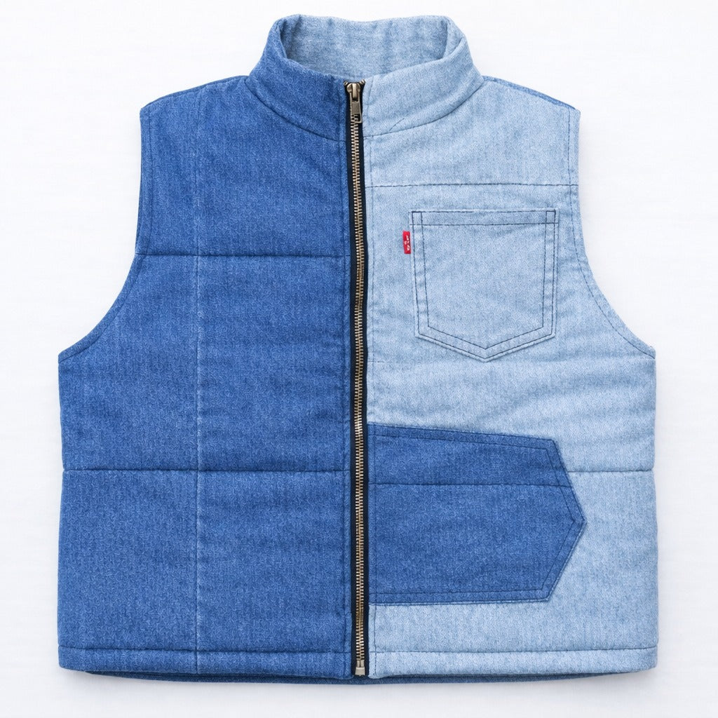 CR1417 Rework Two-Tone Denim Puffer Vest – Cropped Patchwork Style