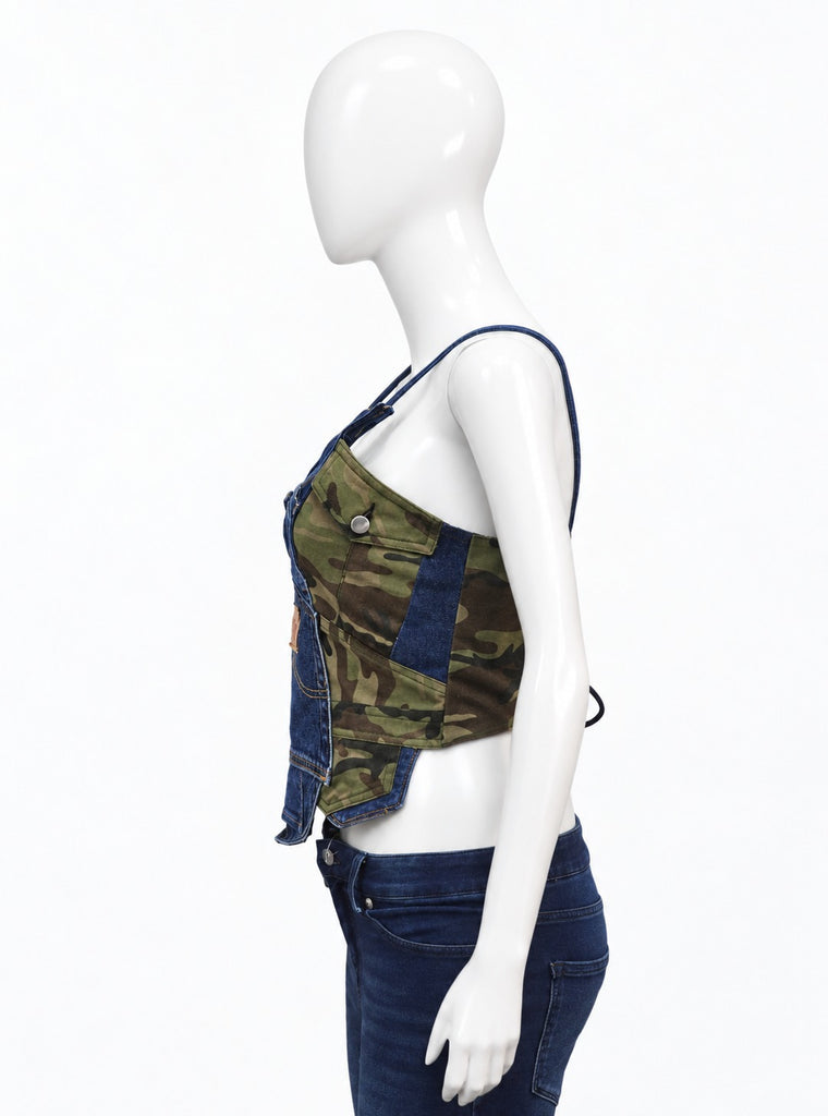 CR2300 UPCYCLED CAMO & DENIM OVERALL CORSET TOP