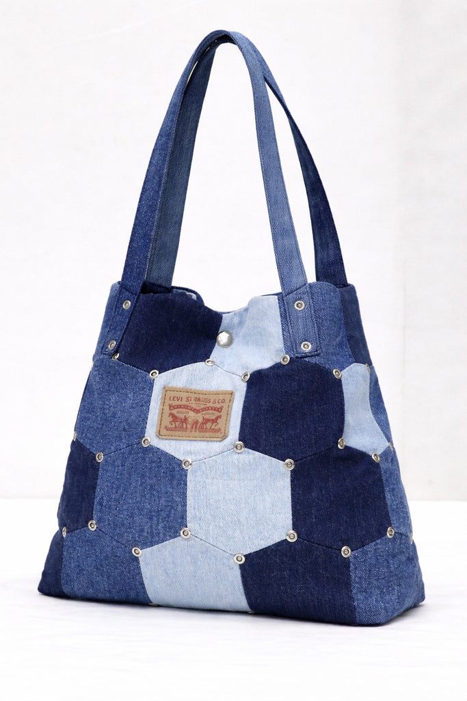 CR1420 Patchwork Denim Tote Bag – Hex Panel Rework Carry Bag