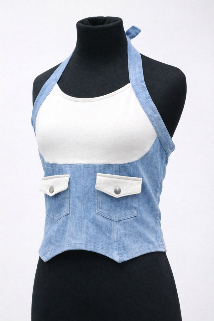 CR1354 Rework Halter Denim Corset Top – Two Tone Utility Crop
