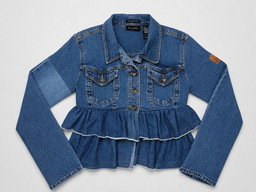 CR2226 UPCYCLED LEVI’S DOUBLE-RUFFLE PEPLUM DENIM JACKET