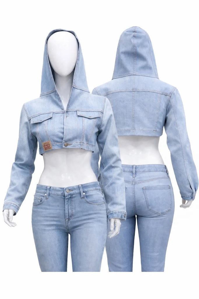 CR1445 Cropped Denim Hoodie Jacket – Slim Fit