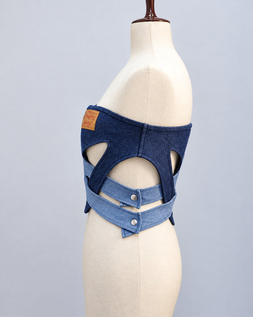 CR2287 UPCYCLED TWO-TONE DENIM WRAP CORSET TOP