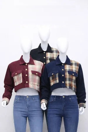 CR1172 Upcycled Plaid-Panel Crop Jacket