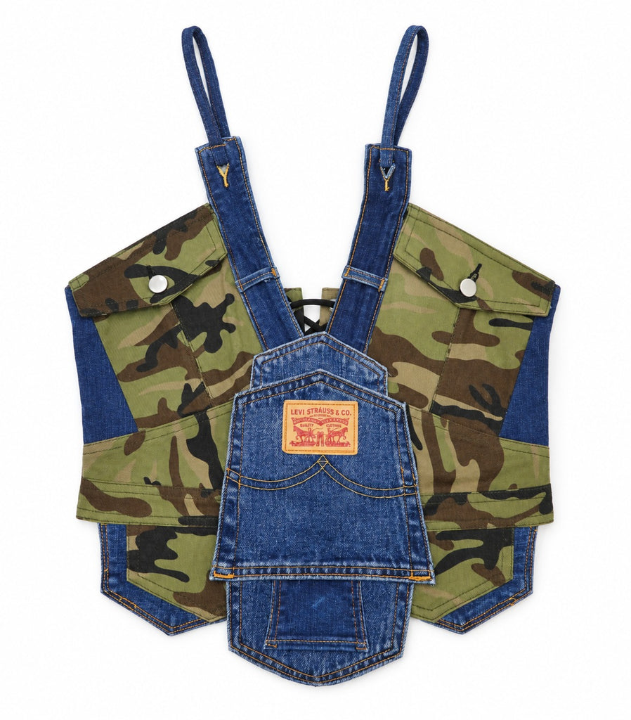 CR2300 UPCYCLED CAMO & DENIM OVERALL CORSET TOP