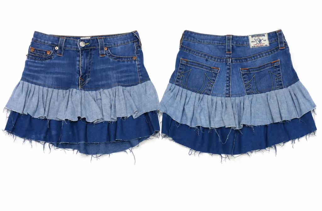 CR1675 UPCYCLED LAYERED RUFFLE DENIM MINI SKIRT