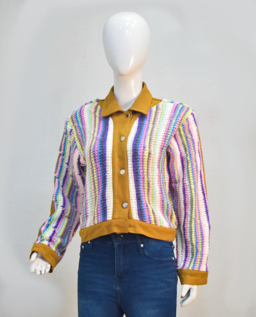 CR2284 UPCYCLED CROCHET & WORKWEAR CROP JACKET
