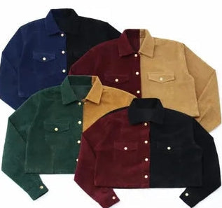 CR1154 Upcycled Corduroy Two-Tone Button-Up Cropped Jacket