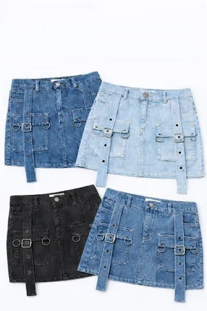 CR1302 Upcycled Utility Strap Denim Skirt