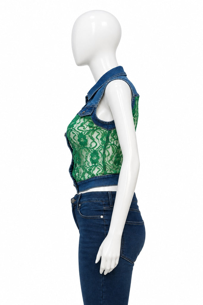 CR2289 UPCYCLED DENIM & LACE CROP VEST