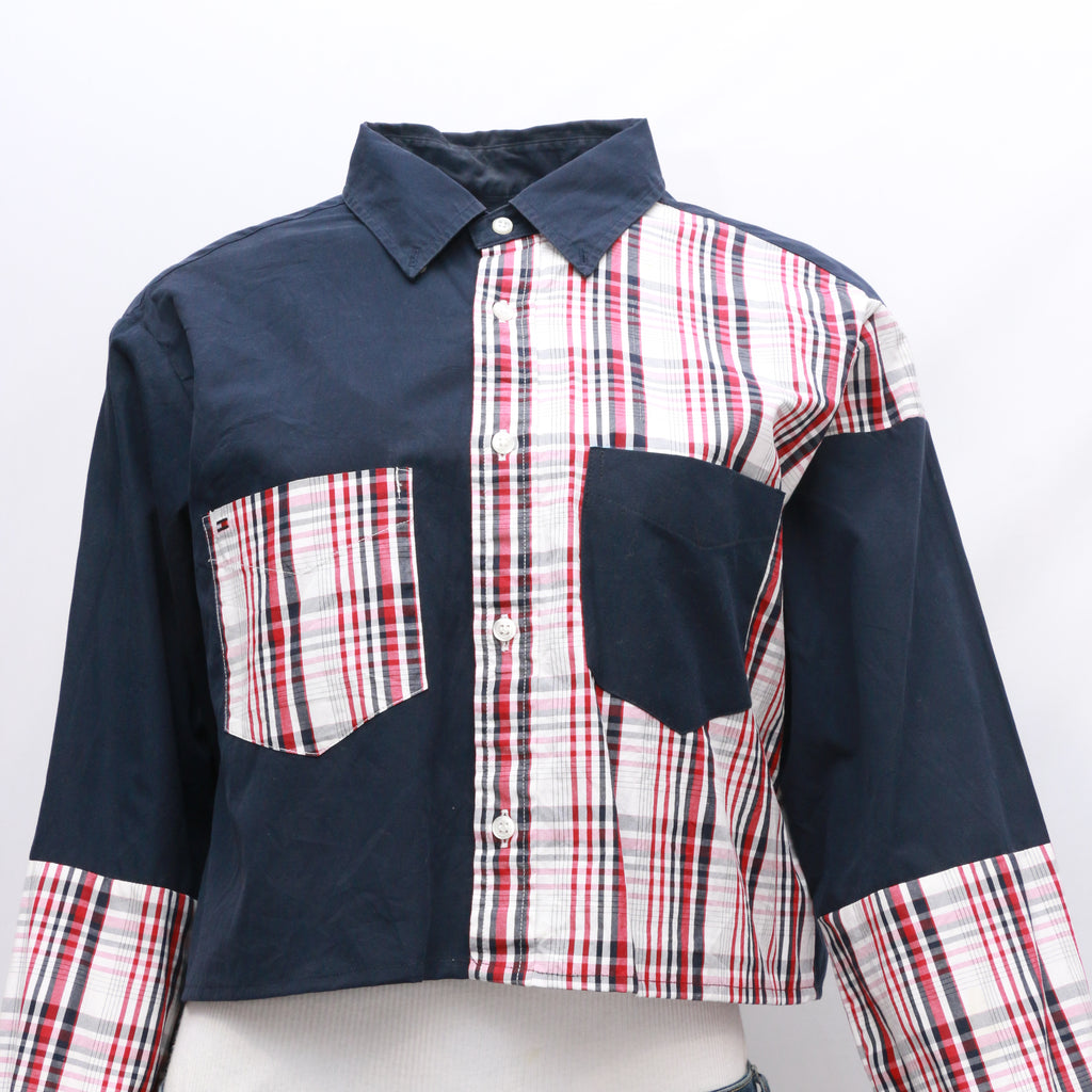 CR1037 Reworked Shirt Cropped With Check Print Patchs