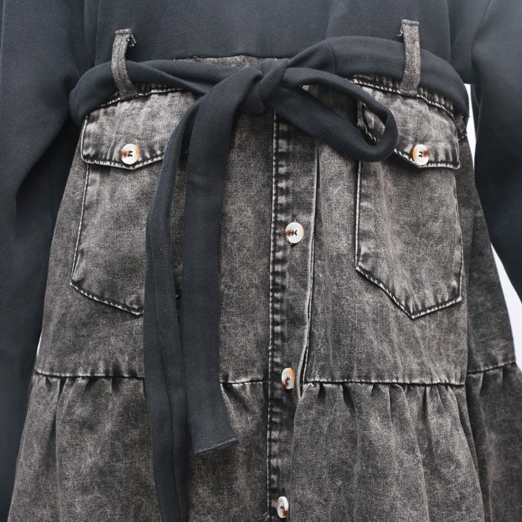 CR412 Ladies Reworked Denim Dress With Elegant Hood