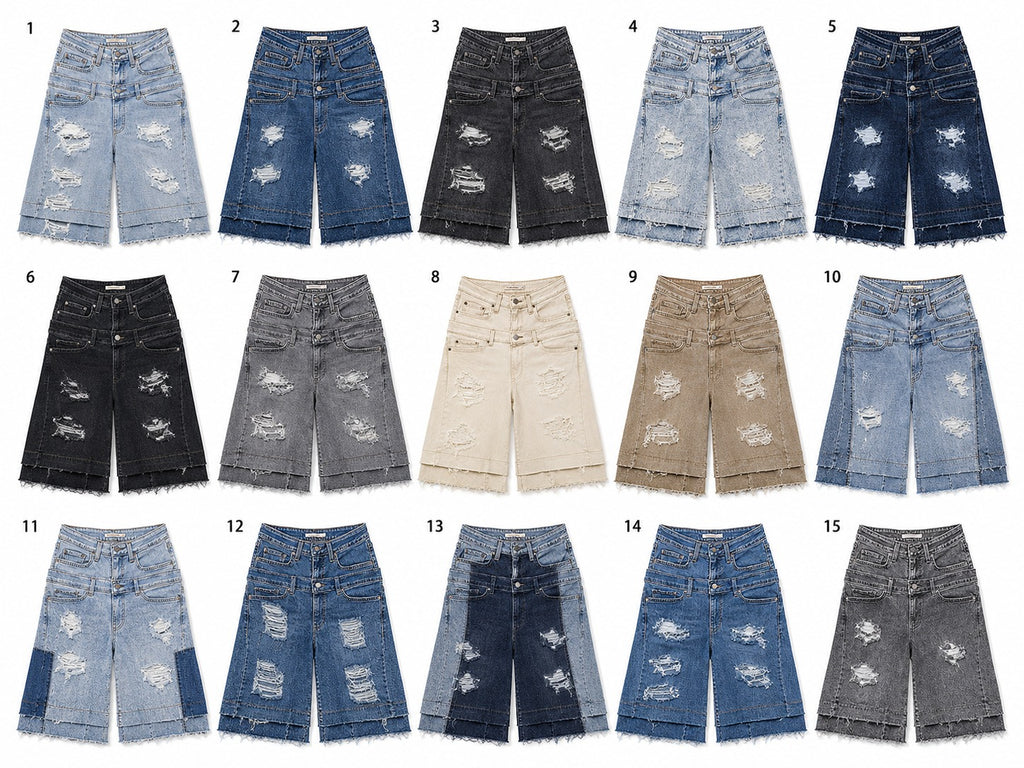 CR2211 UPCYCLED DOUBLE-WAIST DISTRESSED DENIM JORTS