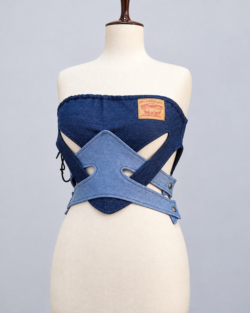 CR2287 UPCYCLED TWO-TONE DENIM WRAP CORSET TOP