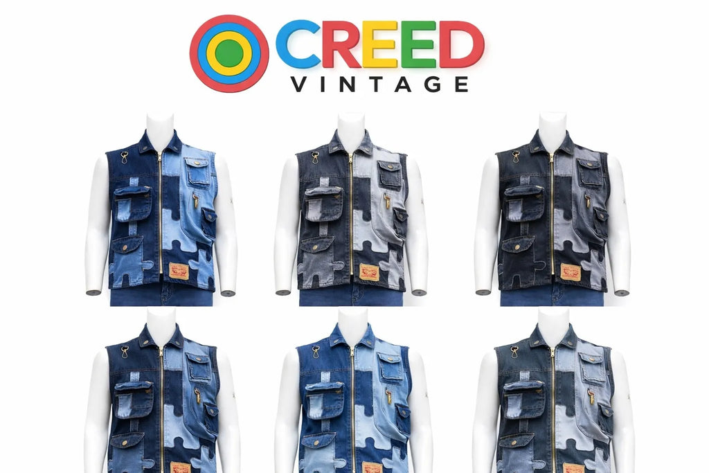 CR-1177 Upcycled Levi's Patchwork Denim Utility Vest – Multi Pocket Rework (Puzzle Panel Design)